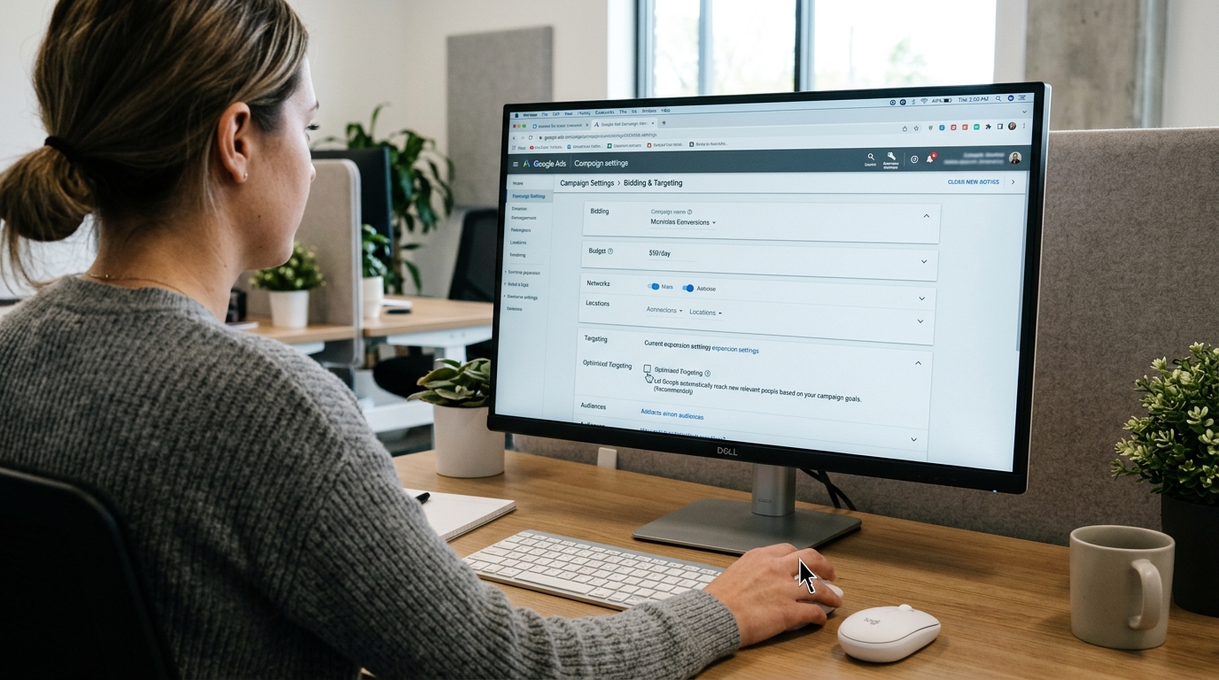 Ad settings disabling optimized targeting for home service lead generation strategies.