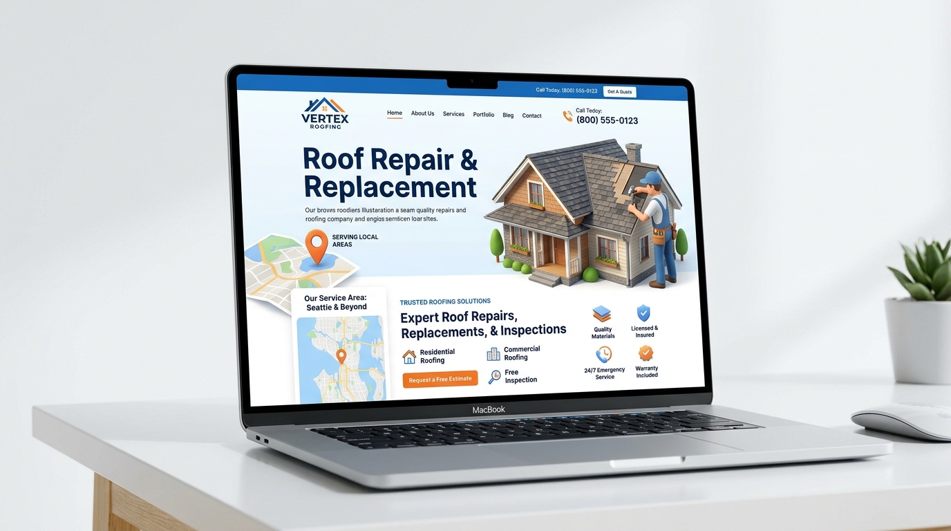 A laptop showing a homepage with a clear title and contact details, illustrating home service website conversion tips.