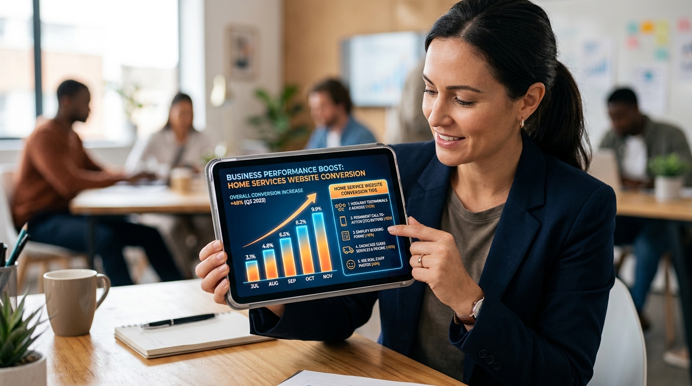 A growth chart on a tablet displaying improved business results, highlighting home service website conversion tips.