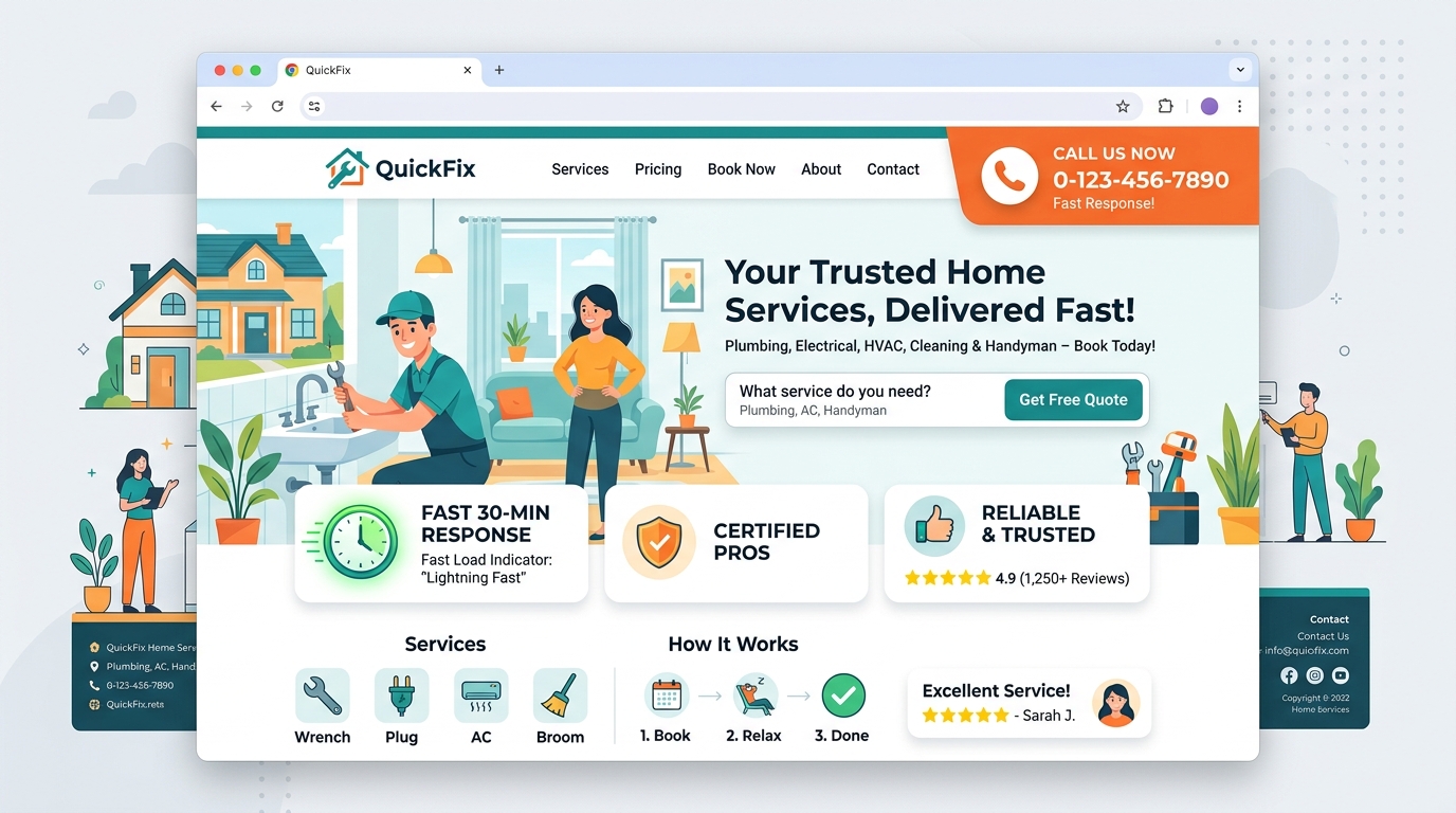 An ideal contractor website layout mockup with key conversion elements, explaining home service website conversion tips.