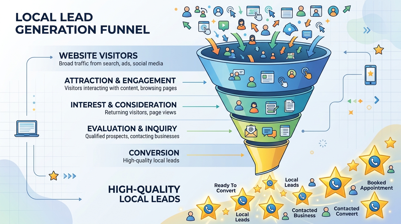 A funnel diagram converting traffic into high-quality leads, showcasing home service website conversion tips.