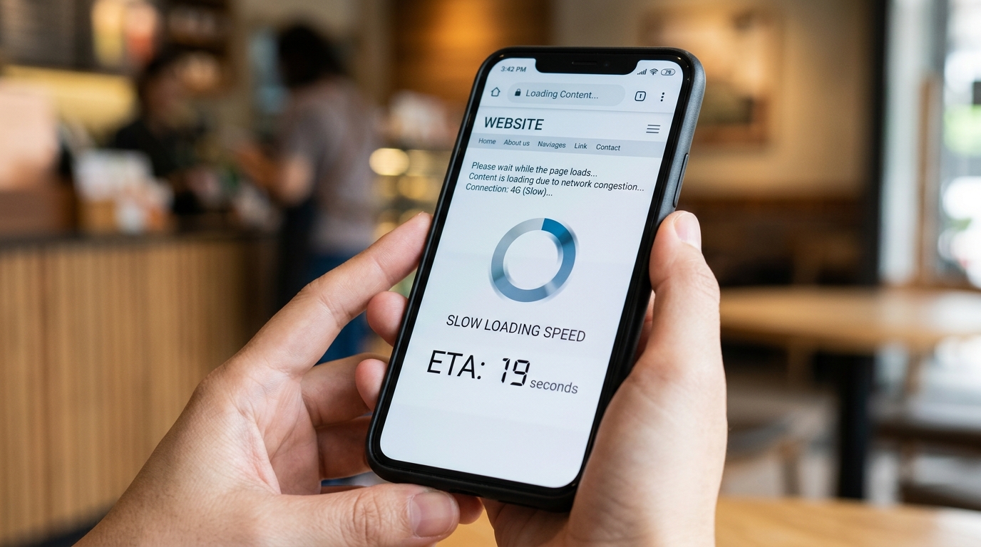 A mobile screen showing a slow page loading spinner, indicating a need for home service website conversion tips.