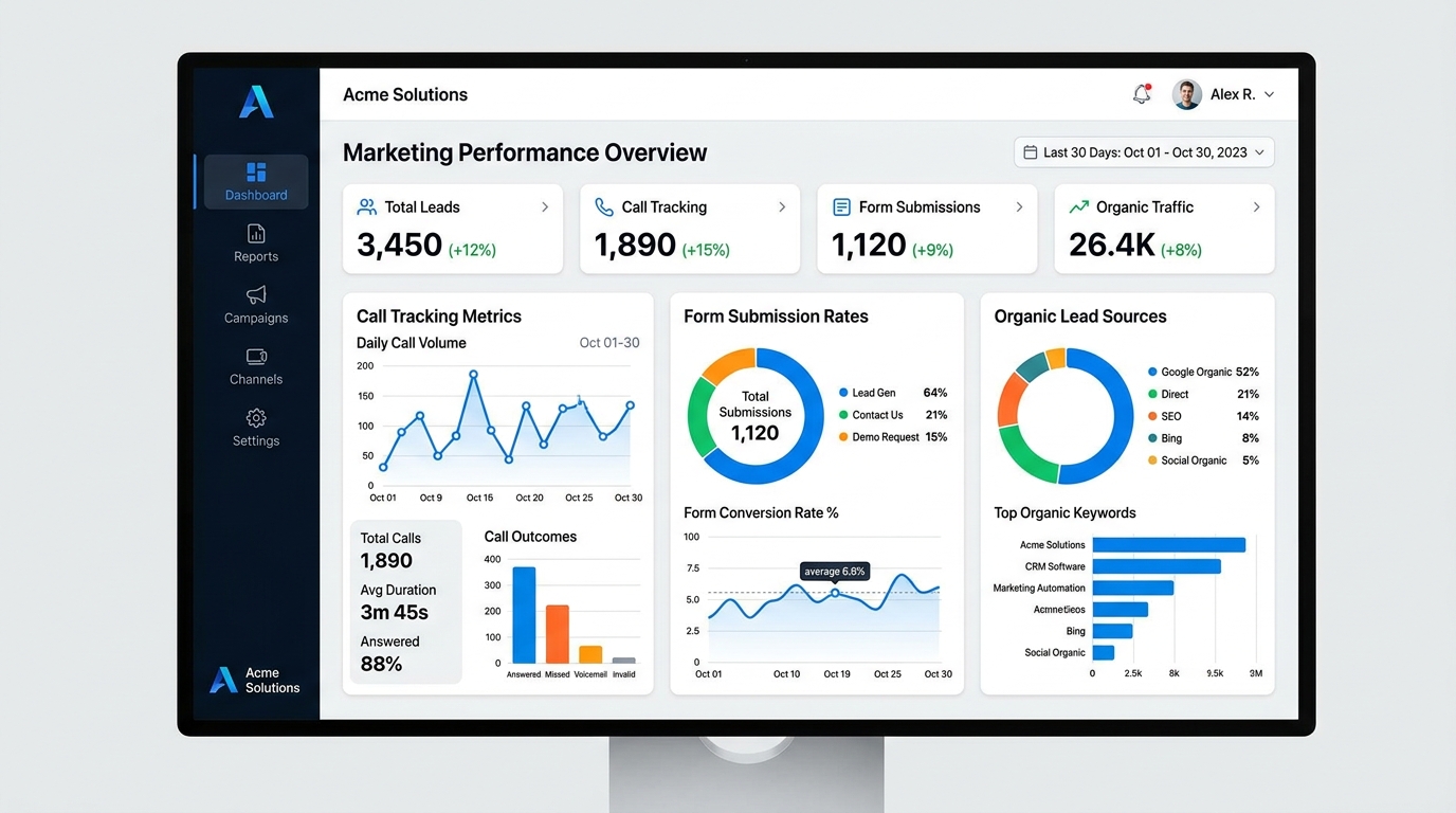 A website analytics dashboard tracking calls and forms, illustrating home service website conversion tips.