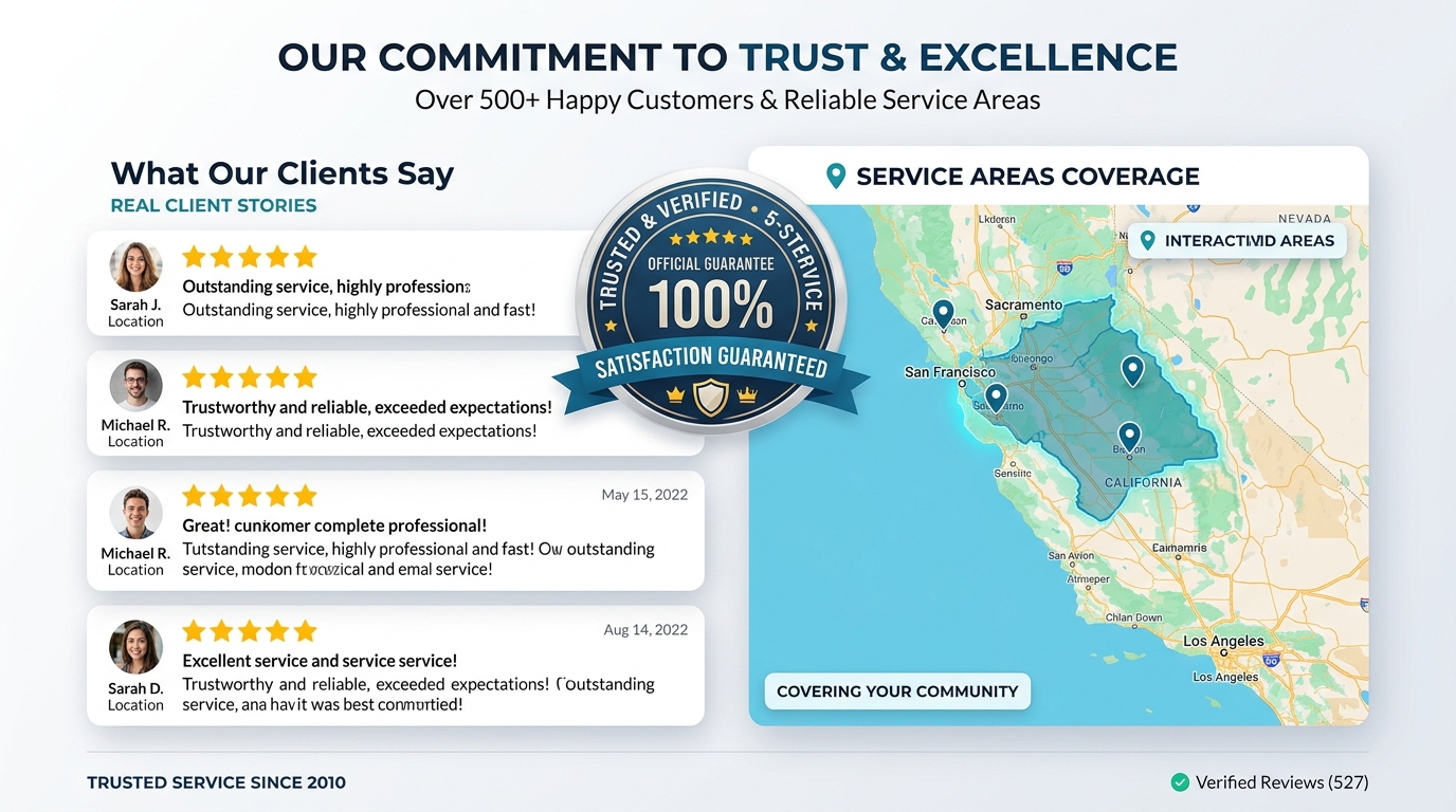 Trust signals, reviews, and guarantee badges on a website, reflecting home service website conversion tips.